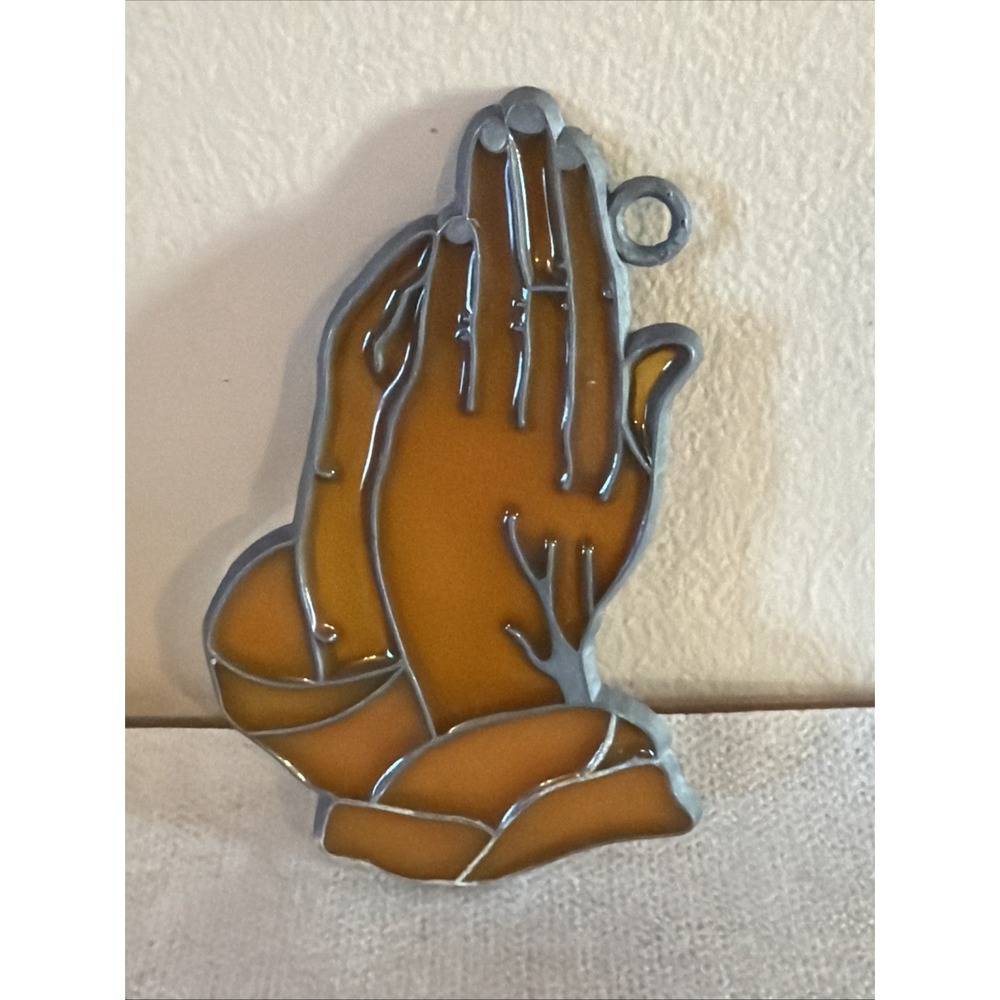 Vintage Amber Colored PRAYING HANDS Stained Glass Suncatcher 4" x 2"